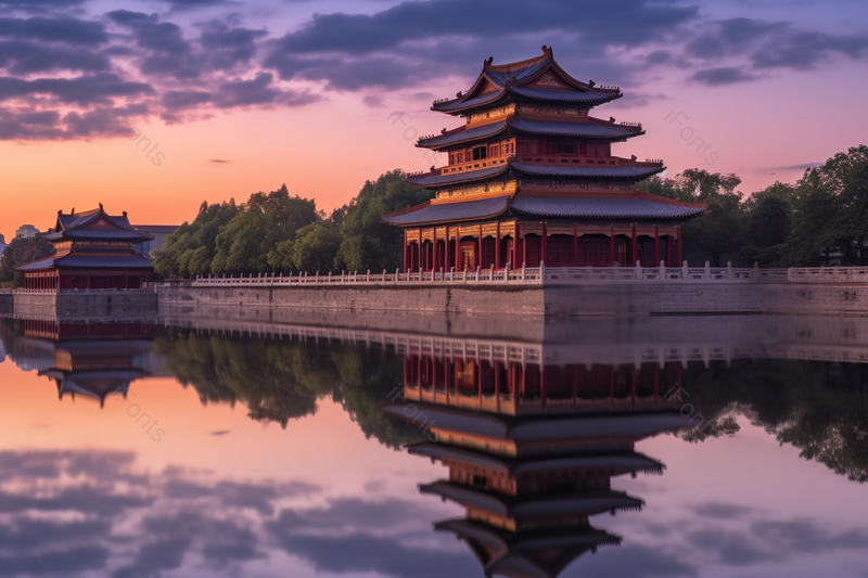晚霞百年历史宫殿雄伟建筑倒影,高清,摄影图,摄影图片,图片大全,摄影图免费下载